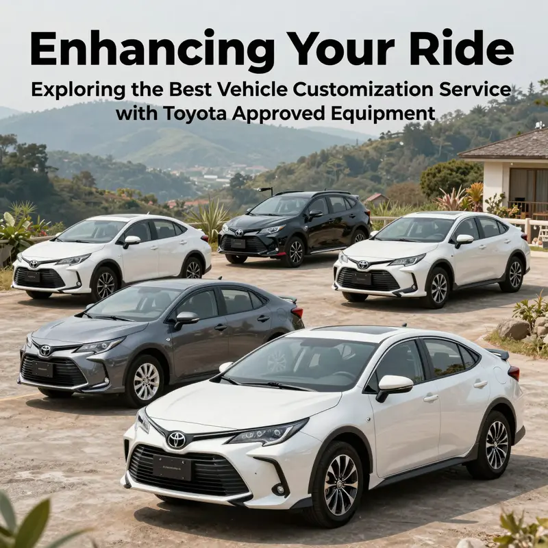 Several Toyota trucks and cars in a scenic location, showcasing various approved accessories.