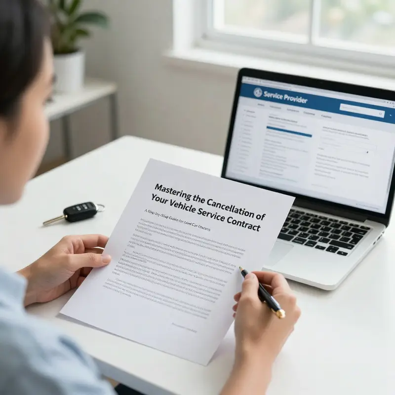 Person holding a vehicle service contract, with a laptop open to cancellation service page, car key on desk in a bright home office.
