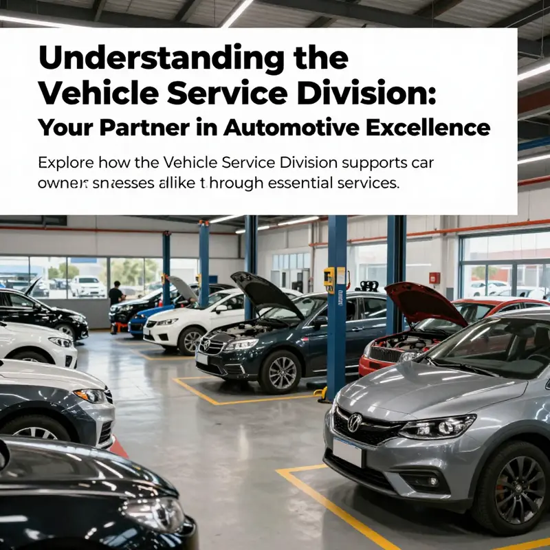 A busy automotive service center filled with vehicles and technicians at work, symbolizing the function of the Vehicle Service Division.