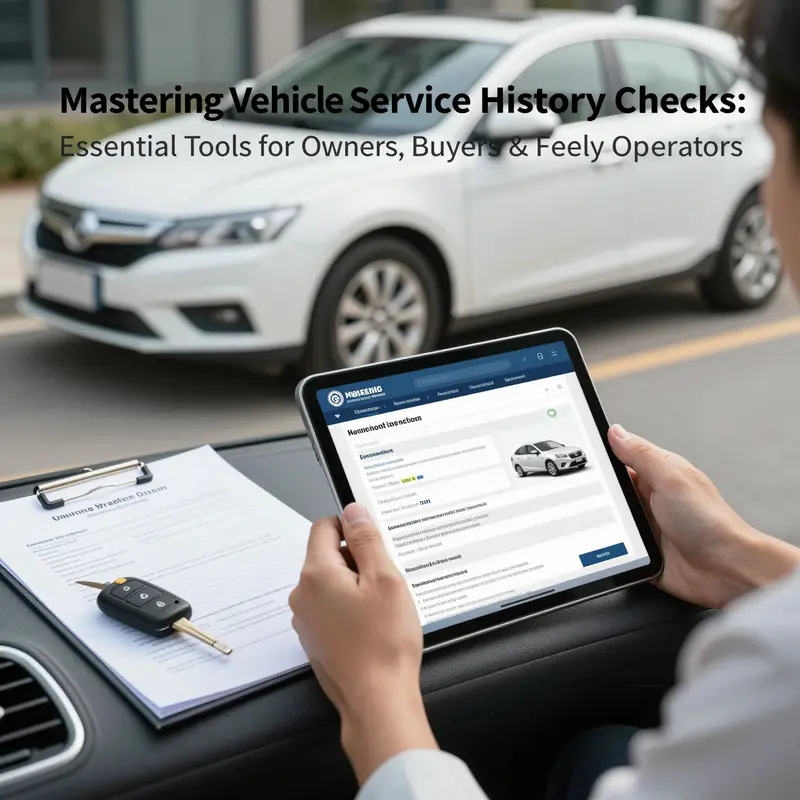 Person holding a tablet displaying vehicle service history inside a car with documents and keys on the dashboard.