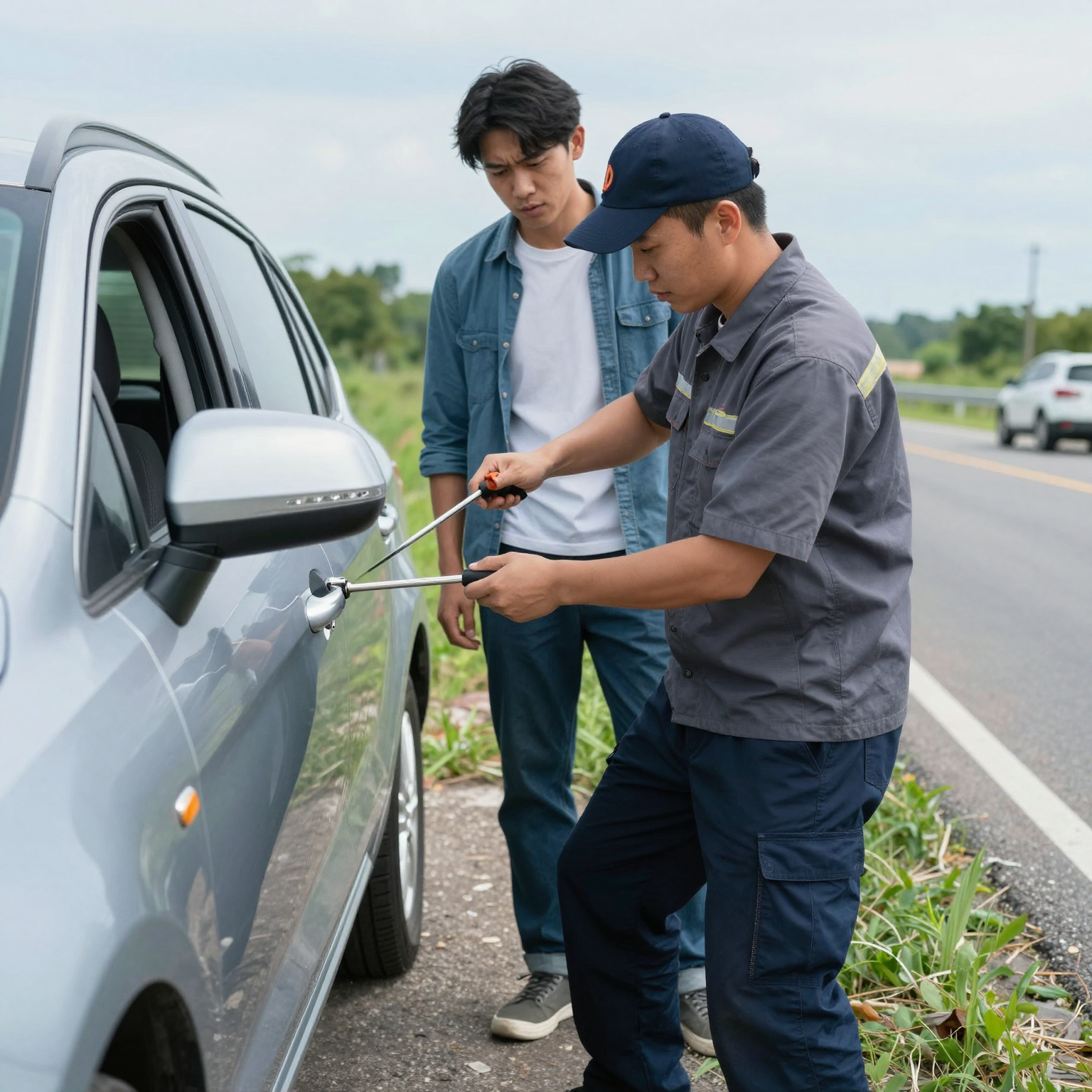 Roadside Assistance: Technician Assisting Vehicle Owner During Lockout