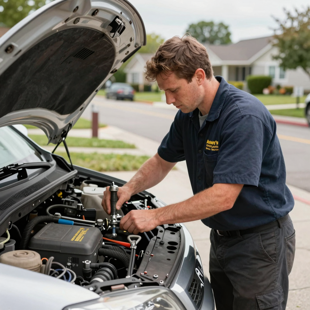 Mobile mechanic servicing a vehicle with Anthony's Mobile Vehicle Service branding