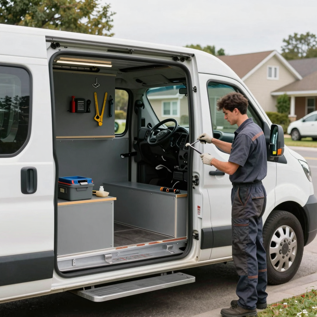 Technician servicing a vehicle in a mobile setup