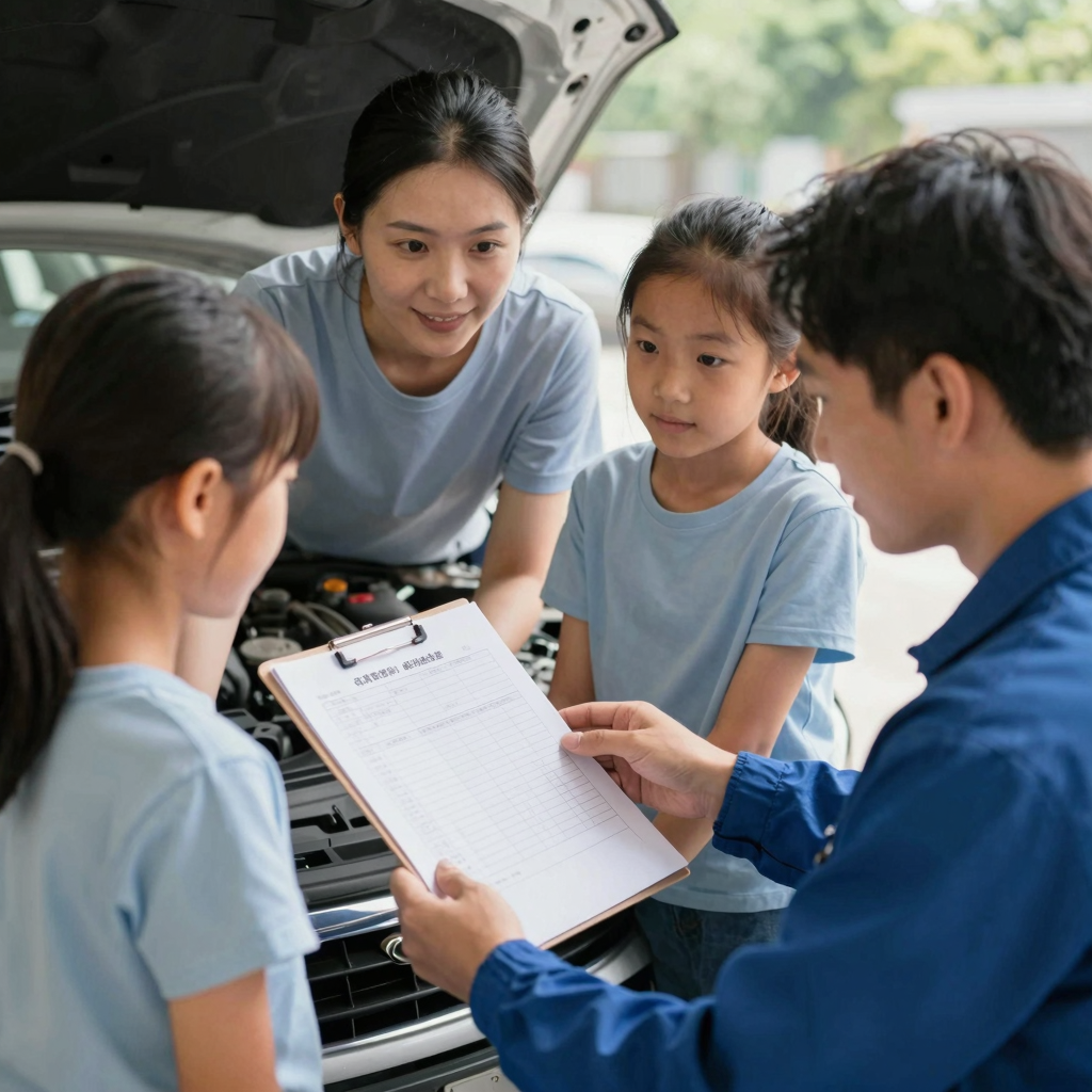 Reassuring image of family looking at a car with mechanic showing service history documents
