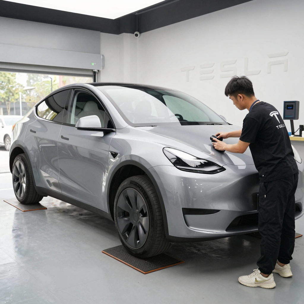 Tesla vehicle being serviced at a modern service center
