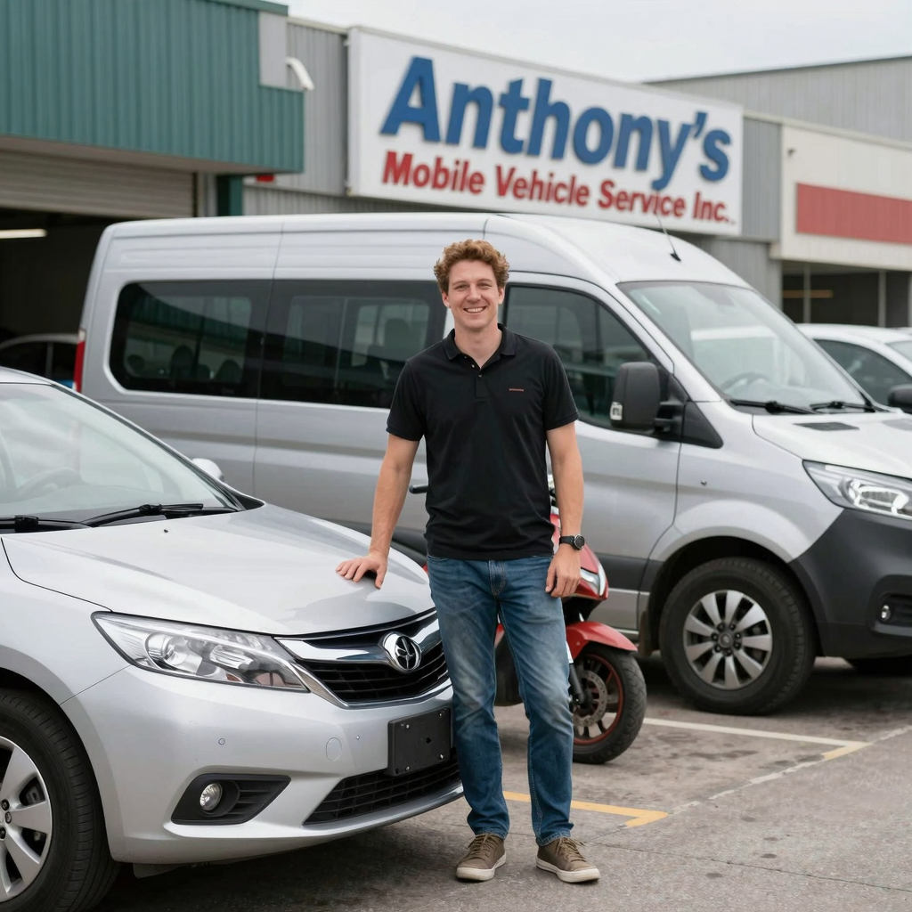 A variety of vehicles including cars, vans, and motorcycles in a service setting, representing Anthony's Mobile Vehicle Service Inc.