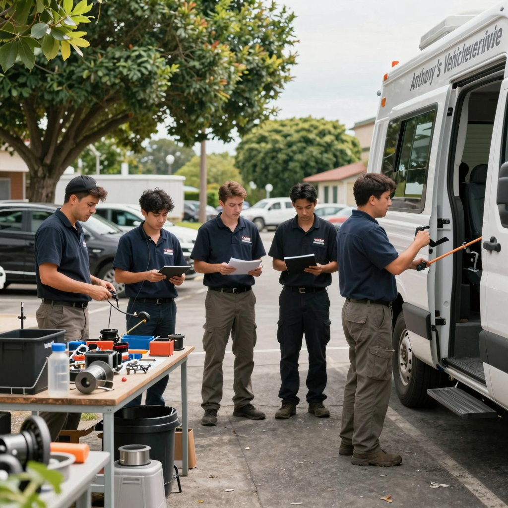 Technicians from Anthony's Mobile Vehicle Service working on a vehicle outdoors