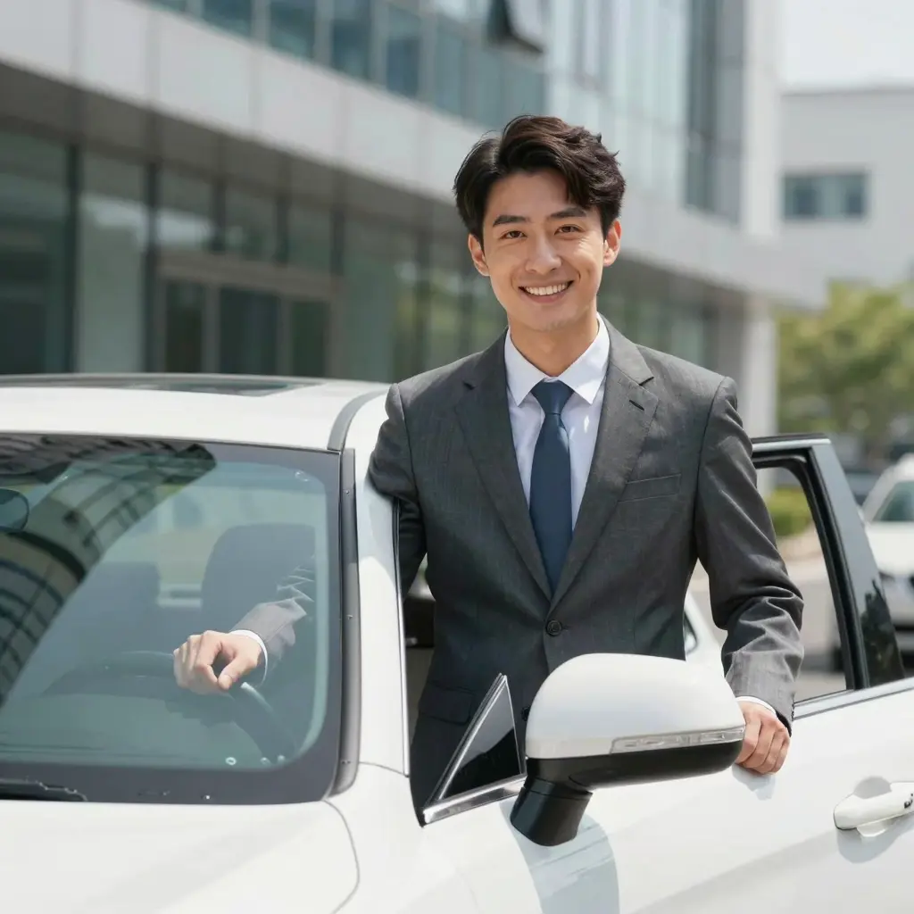 A professional image depicting a satisfied business owner using a rental car in front of a modern office building, symbolizing flexibility and convenience in transportation