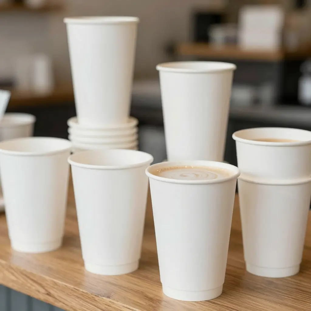 Assortment of White Paper Cups for Hot Drinks