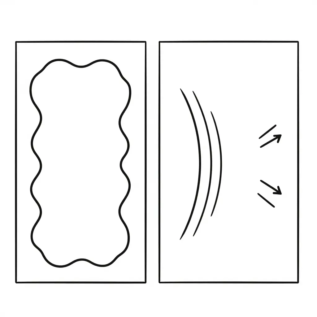 Two side-by-side schematic panels. Left: a distorted mold cavity outline with wavy, uneven inner walls and off-center misalignment. Right: a flat rectangular panel bowed in a smooth curve under parallel directional stress arrows.