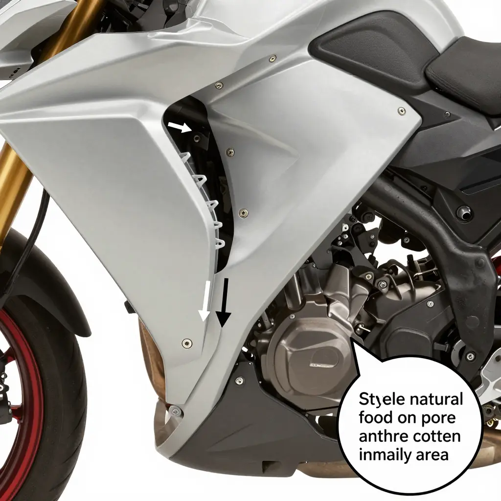 Cutaway diagram of a motorcycle fairing panel showing mounting tabs and the load path from the fairing surface through the tabs and brackets to the frame