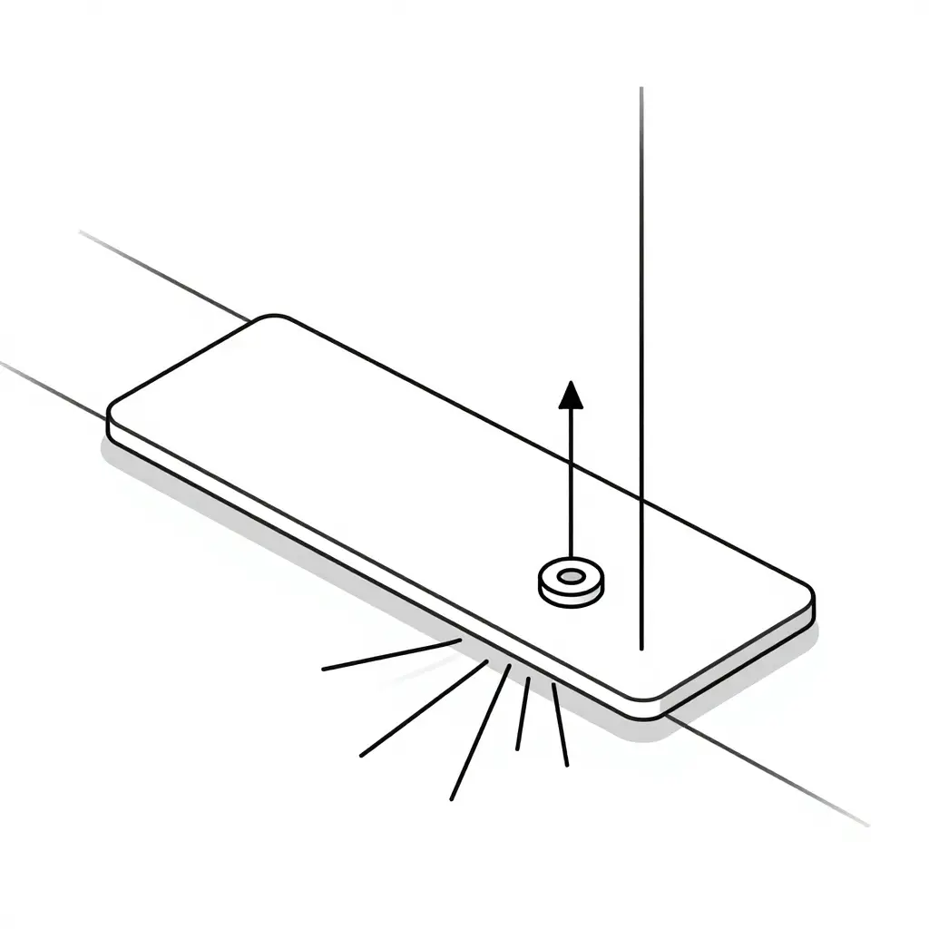 Minimalist 2D schematic showing stress concentration on a fairing mounting tab, with force arrows, bolt hole, bracket interface, and highlighted stress zones