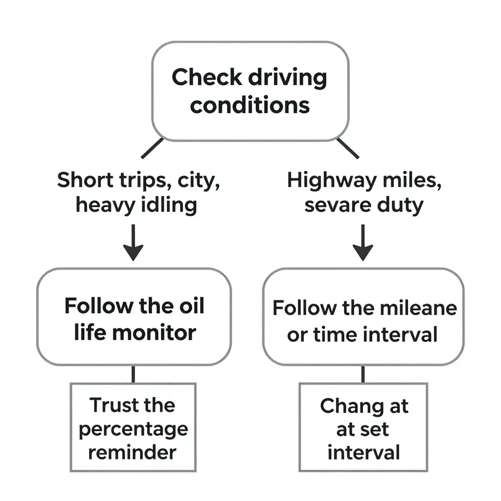 Decision flow diagram showing how to choose between the oil life monitor and a fixed mileage or time interval