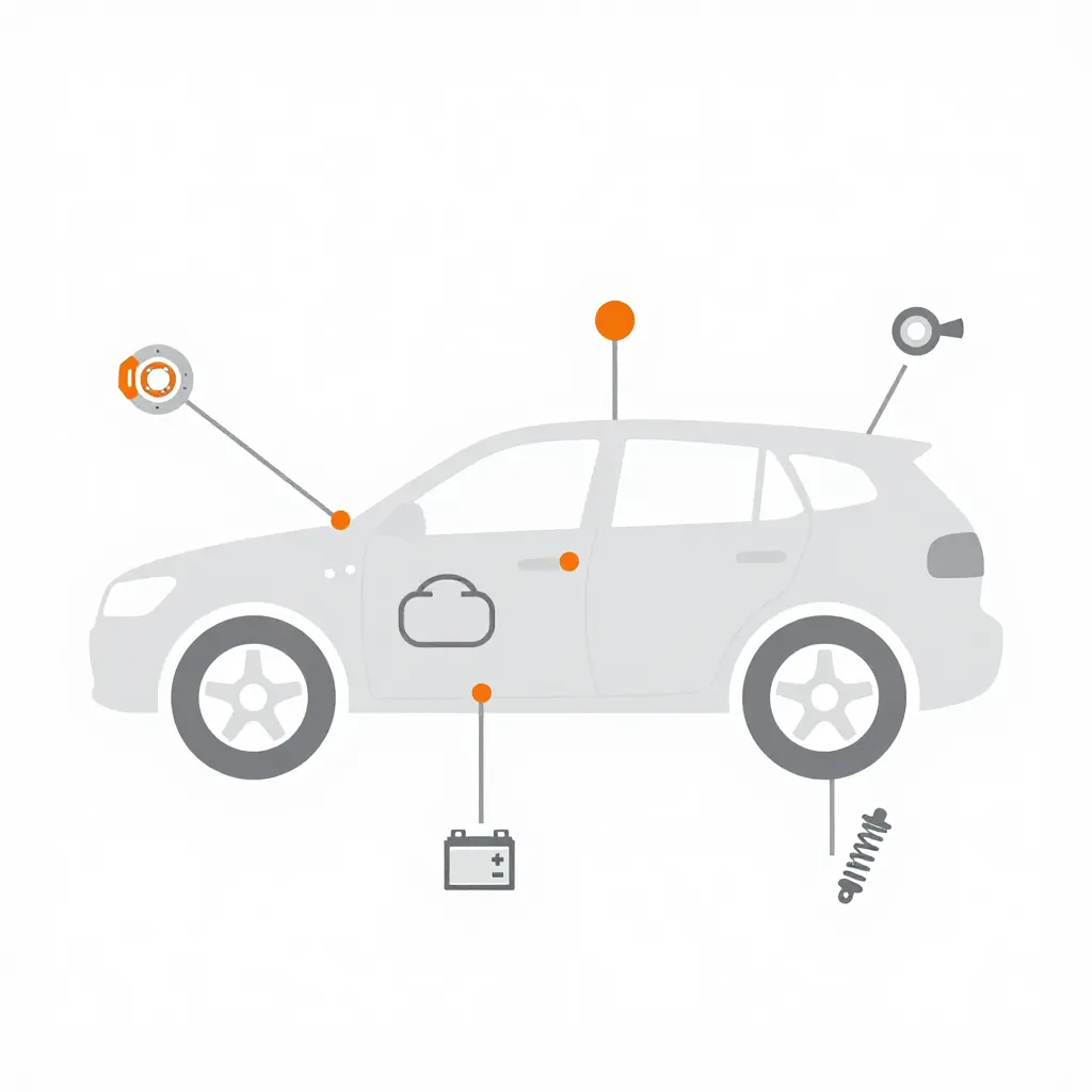 Simple 2D schematic of a vehicle outline showing five labeled wear inspection checkpoints: brakes, tires, belts, battery, and suspension.
